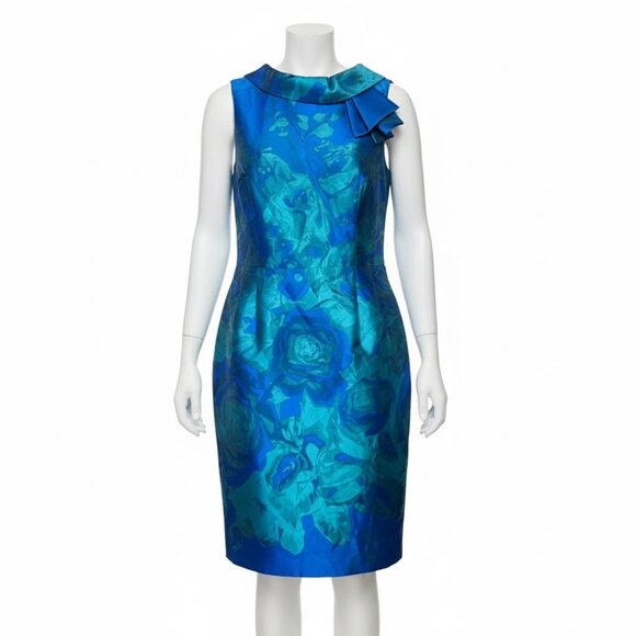 Rickie Freeman TERI JON Floral Midi Bodycon Dress Ruffle Neck Sleeveless Sheath - Picture 5 of 12